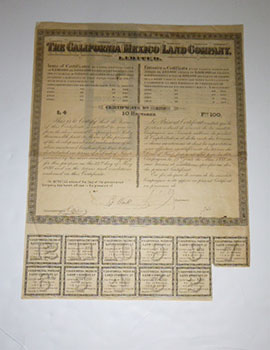 The California (Mexico) Land Company, Limited. Certificate for 10 Hectares. Signed.,
