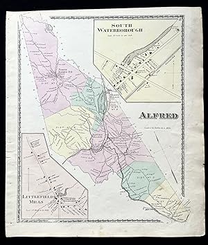 1872 Hand-Colored Street Map of Alfred, Maine with Littlefield's Mills & South Waterborough