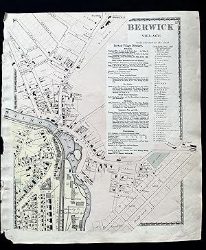 1872 Hand-Colored Street Map of Berwick Village, Maine with property owner names and building foo...
