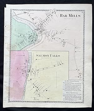 1872 Hand-Colored Street Map of Bar Mills, Maine and Rollinsford, New Hampshire with property own...