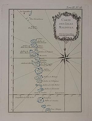 Carte des Isles Maledives. Kolorierte Kupferst-Karte v. Jacques-Nicolas Bellin aus Prevost "l'His...