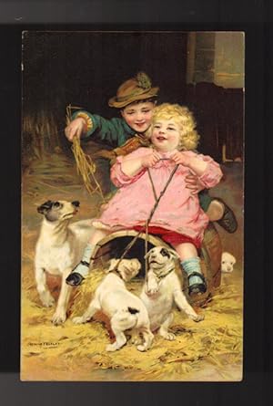 Children on Barrel Sleigh with Puppies Postcard