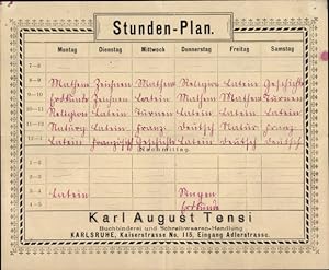 Stundenplan Buchbinderei Karl August Tensi, Karlsruhe, Kaiserstraße 115 um 1930