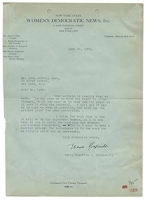 Eleanor Roosevelt Thanks Former State Senator for Article to Assist Women in Monitoring Polling P...