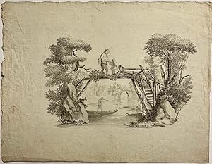 Antique drawing, watercolour, ca 1780 I Duck hunters and a little bridge (Het bruggetje), 1 p.