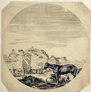 Antique print, etching, Della Bella, Rome | Sleeping Shepherd and Horses near the Baths of Diocle...