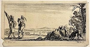 Antique print, etching | Two talking soldiers and a fallen horse [Twee pratende soldaten en een g...