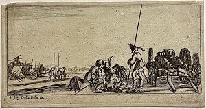 Antique print, etching | Soldiers playing cards beside a cannon [Kaartspelende soldaten naast een...