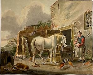 [Antique drawing, watercolour] Farmer with horse in a backyard (Boer met paard in een erf), ca. 1...