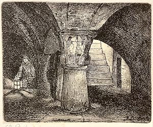 [Antique print, etching] Man in a dark cellar (man in donkere kelder), published 1853, 1 p.