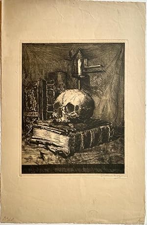 Modern etching | Vanitas still life with skull and book, 1 p.