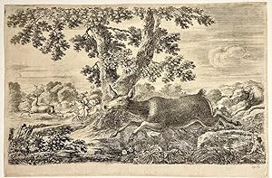 Antique print, etching, Hunting, Della Bella | Deer hunt (Herten jacht), published ca. 1654, 1 p.