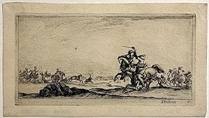 Antique print, etching | Soldiers fighting with sword on a battlefield [Soldaten te paard in zwaa...