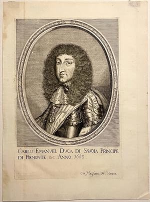 [Antique portrait print, engraving, 1670] Portrait of Charles-Emanuel II Duke of Savoy (Portret v...
