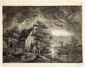 [Antique print, etching] Nocturnal landscape with a mill (molen bij nacht), published 1853, 1 p.
