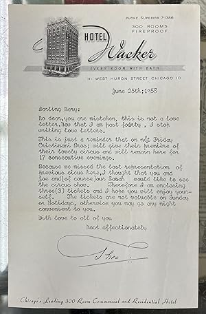 Theo "Okito" Bamberg - Hotel Wacker Letter, June 25th, 1958