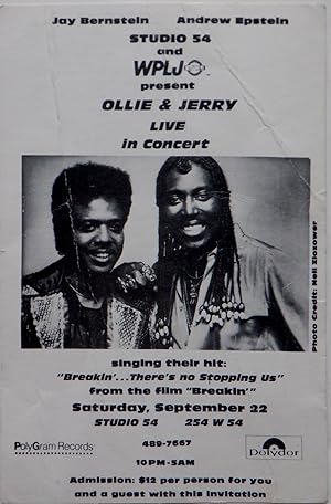 Studio 54 and WPLJ Present Ollie and Jerry Live in Concert. Promotional Postcard