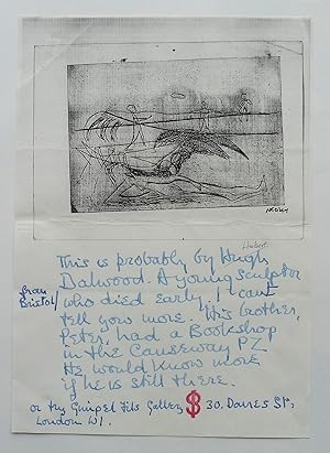 Photocopy of an etching by Dalwood with autograph notes by Sven Berlin.