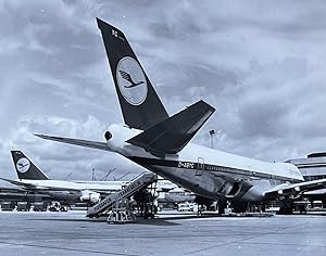1980s Glossy Black and White Photo of a Lufthansa Boeing 747-30 In-Flight