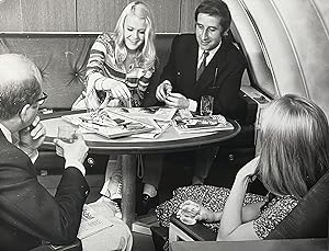 1970s Glossy Black and White Photo of First Class Passengers Relaxing on a Lufthansa Boeing 747