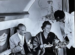 1960s Glossy Black and White Photo of Two Lufthansa First Class Passengers Enjoying Hors d'oeuvre...