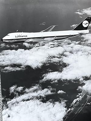 1970s Glossy Black and White Photo of a Lufthansa Boeing 747-30 In-Flight