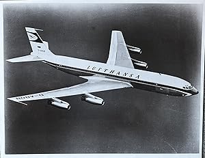 1960s Glossy Black and White Photo of a Lufthansa Boeing 707 Jetliner In Flight