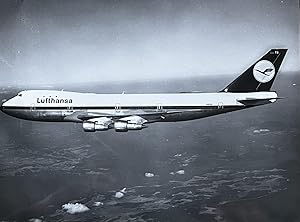 1970s Glossy Black and White Photo of a Lufthansa Boeing 747-30