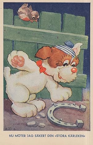 Dog Lucky Horseshoe Swedish Antique Sweden Comic Postcard