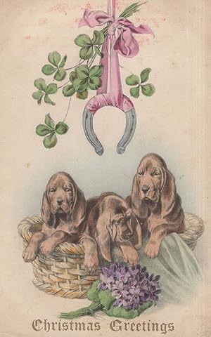 Doberman Dogs Under Pink Horseshoe Christmas WW1 Old Postcard