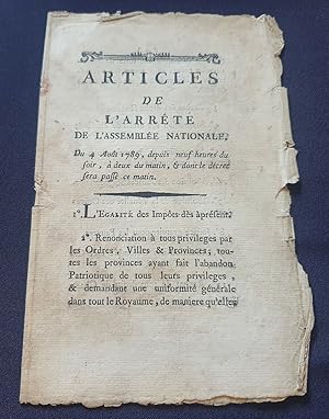 Abolition des privilèges du 4 Aout 1789 - Articles de l'arrété de l'Assemblée Nationale du 4 Aout...