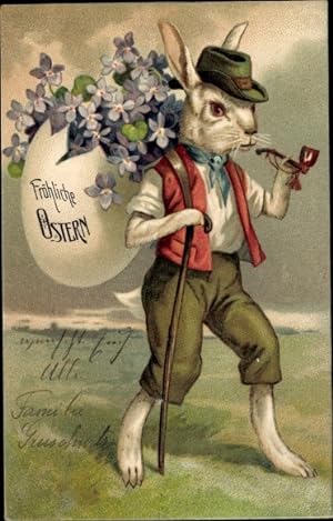 Präge Ansichtskarte / Postkarte Glückwunsch Ostern, Vermenschlichter Hase mit Pfeife, Ei als Rück...