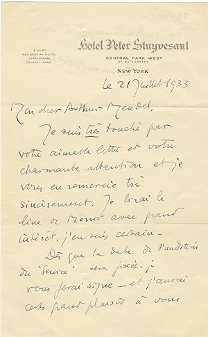 Autograph letter signed in full to noted musicologist, conductor, and music editor, Arthur Mendel