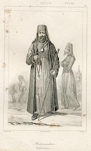 Rusia ortodoxa. Archimandrites grabado por Chaillot de un dibujo de Vernier.