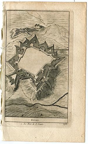 .Portugal. Elvas y el fuerte de S. Lucia. Grabado por Pieter Vander Aa, 1715 Alvarez de Colmenar .