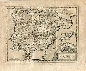 Carte de l'Espagne et du Portugal. Grabado por Peter Vander Aa. Alvarez de Colmenar. 1715