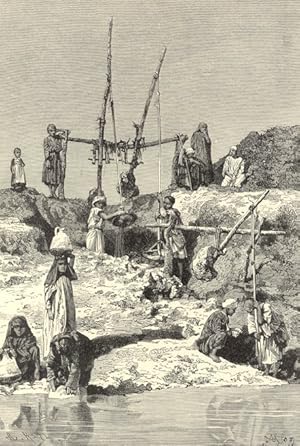The Shaduf on the Banks of the Nile River, Historical Antique print