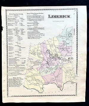 1872 Hand-Colored Street Map of Limerick, Maine w Property Owner Names just after the Civil War