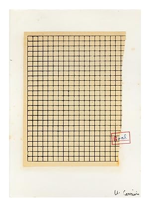 A signed & stamped collage, torn sheet of graph paper (150 x ca. 110 mm.) pasted to a blank sheet...