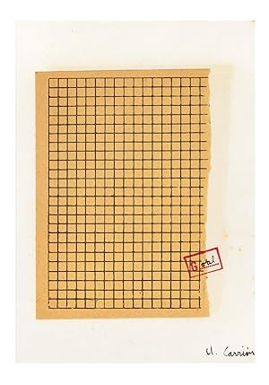 A signed & stamped collage, torn sheet of graph paper (151 x ca. 105 mm.) pasted to a blank sheet...