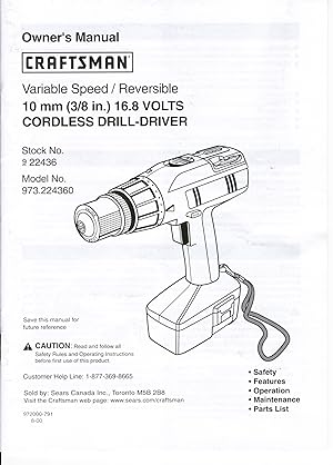 Craftsman Variable Speed-Reversible 10mm (3/8 in.) 16.8 Volts Cordless Drill-Driver Owner's Manua...