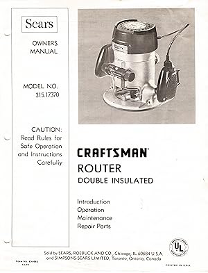 Sears Craftsman Router Double Insulated Owners Manual (INSTRUCTION BOOKLET ONLY!)