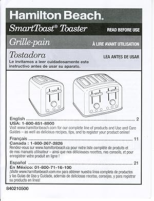 Hamilton Beach SmartToast Toaster/Grille-pain/Tostadora (INSTRUCTION BOOKLET ONLY!)