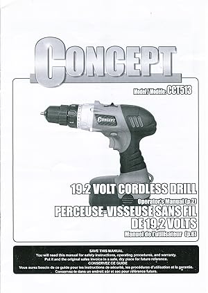 Concept 19.2 Volt Cordless Drill Operator's Manual (INSTRUCTION BOOKLET ONLY!)
