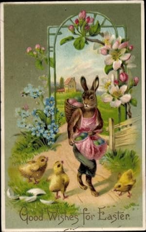 Ansichtskarte / Postkarte Glückwunsch Ostern, Vermenschlichter Osterhase mit Eiern, Küken