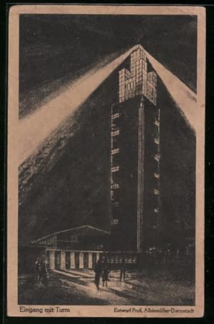 Künstler-Ansichtskarte Magdeburg, Deutsche Theater-Ausstellung 1927, Eingang mit Turm, Bauhaus
