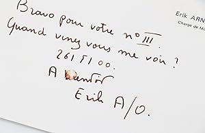 Bristol manuscrit signé Erik A/O dans lequel il félicite sa correspondante