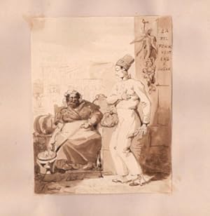 Heavyset woman cooking with comical man in a tall hat. Text: La Fil Fenchu Vent Erb É Sosix. . Or...