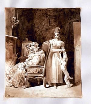 Older heavyset woman with a cat in front of a fireplace and young glamorous woman standing with a...