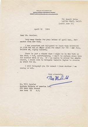 Original typed letter signed from Philip MacDonald to Will Oursler